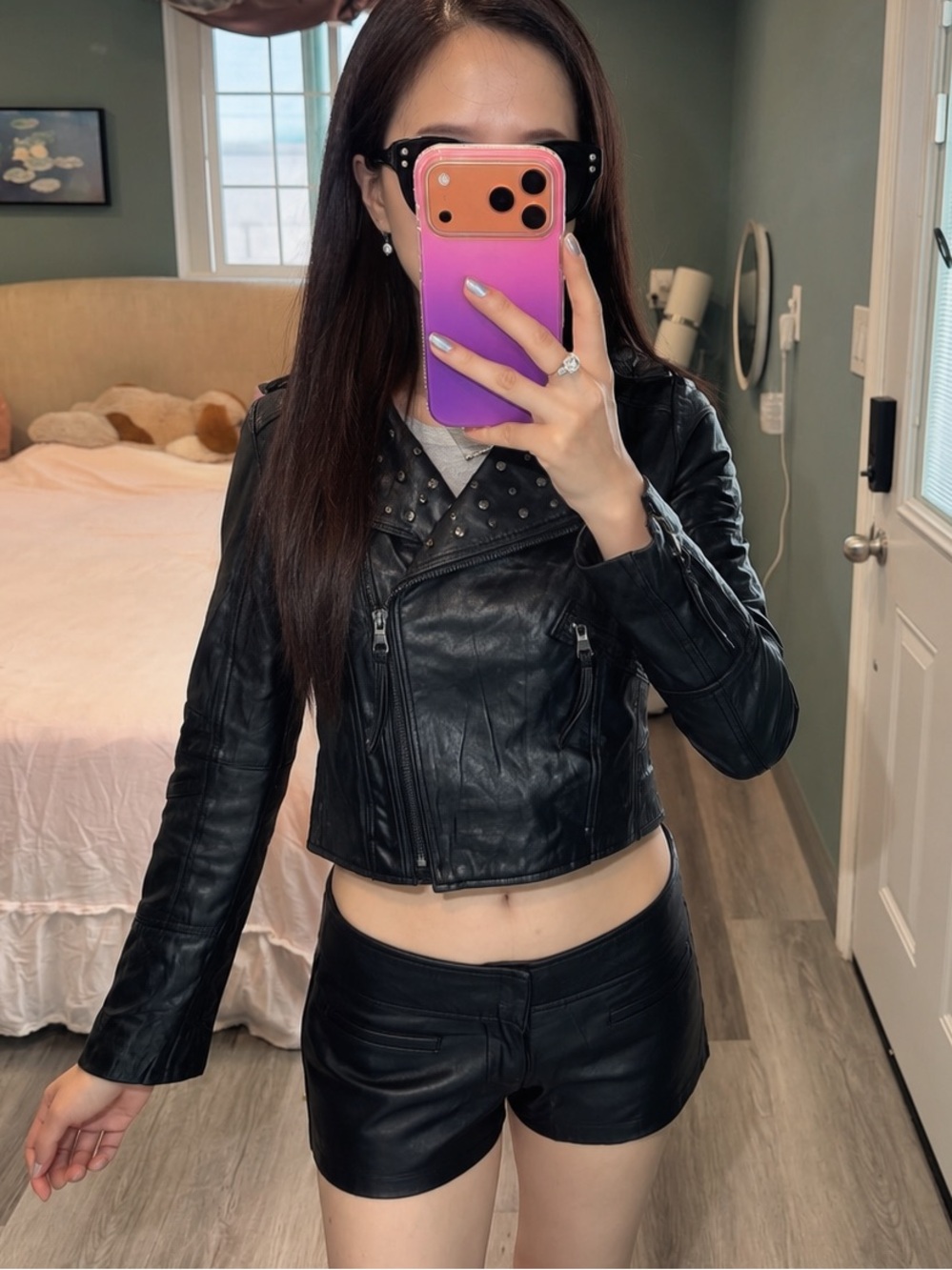 Y2K Studded Lambskin Leather Moto Jacket Black Cropped Biker